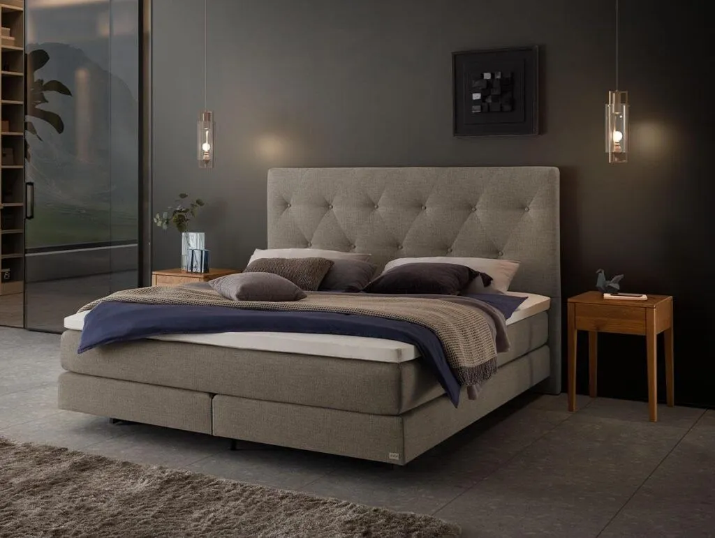 Ein modernes Schlafzimmer mit einem grauen Polsterbett, Lagenbettwäsche, zwei hölzernen Nachttischen mit Pendelleuchten darüber und einer dunklen Akzentwand. Auf dem Boden liegt ein Teppich, und auf der linken Seite ist ein Regal zu sehen.