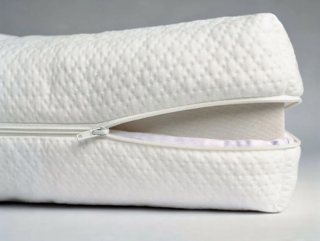 Eine Nahaufnahme eines weißen Matratzenbezugs, der teilweise geöffnet wurde, um die Schaumstoffeinlage im Inneren zu zeigen. Der strukturierte Bezug hebt sich von einem schlichten, neutralen Hintergrund ab.