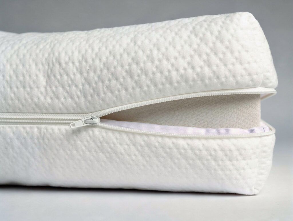 Eine Nahaufnahme eines weißen Matratzenbezugs, der teilweise geöffnet wurde, um die Schaumstoffeinlage im Inneren zu zeigen. Der strukturierte Bezug hebt sich von einem schlichten, neutralen Hintergrund ab.