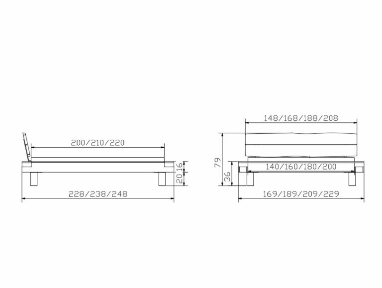 Technische Zeichnung des Hasena Bettes "Eiche-Wild Aosta Ivio": Seiten- und Vorderansicht mit Längen 200/210/220 cm, Breiten 140/160/180/200 cm, Sockelhöhe 36 cm und Gesamthöhe 79 cm (mit Kopfteil).