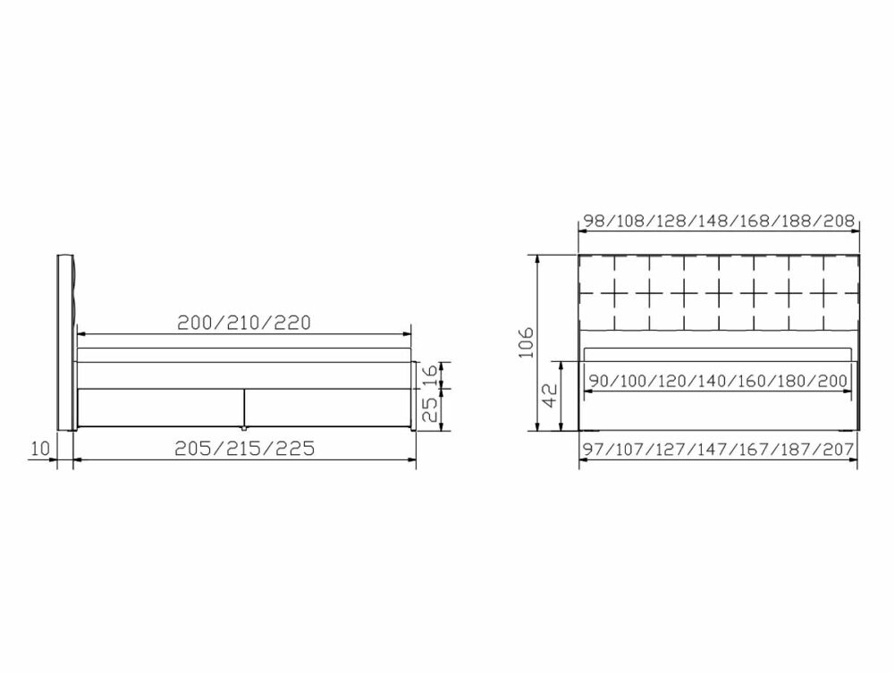 Technische Zeichnung des Hasena Schubladenbettes "Function and Comfort Elito 2" mit Vorder- und Seitenansicht, Breite (200/210/220, 205/215/225 cm) und Höhe (106, 42, 25/16, 10 cm), einschließlich Matratzen- und Rahmengrößen.