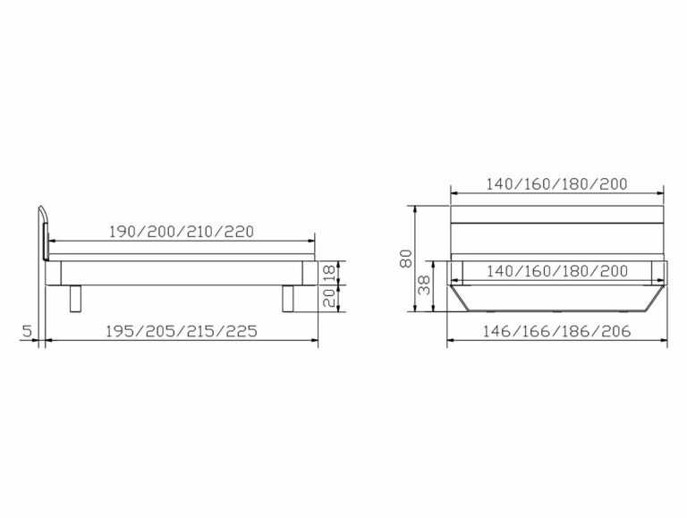 Die seitlichen und vorderen technischen Zeichnungen des Hasena Bett "Fine-Line Syma Slitto 2" Bettrahmens zeigen Breite, Länge und Höhe in Zentimetern, wobei die Maße die verschiedenen Größenoptionen angeben.