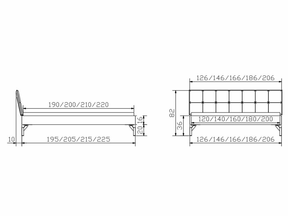 Technische Zeichnung des Hasena Bettes "Movie-Line Star Tondo" mit Seiten- und Vorderansicht. Breite: 126-206 cm, Länge: 195-225 cm, Kopfteilhöhe: 82 cm, Rahmenhöhe: 36 cm - alle Maße in Zentimetern.