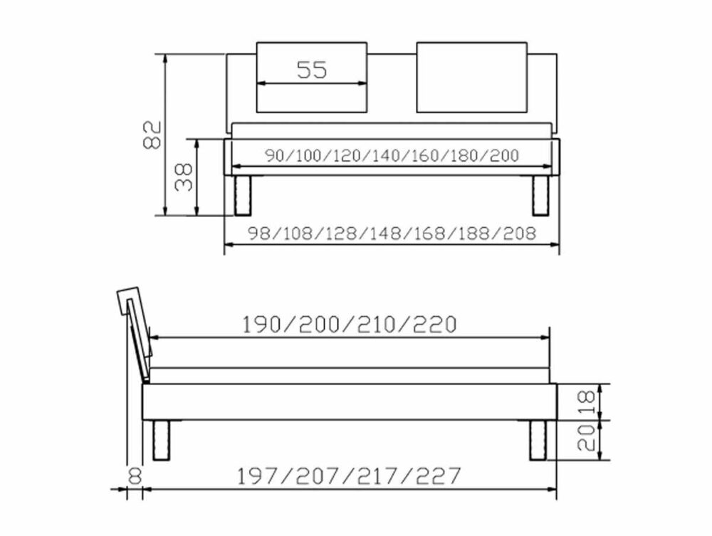 Technische Zeichnung des Hasena Bettes "Top-Line Advance Mico 2" mit beschrifteten Zentimetermaßen; Vorder- und Seitenansichten zeigen Höhe, Breite, Länge sowie Kopfteil- und Matratzengrößenangaben.