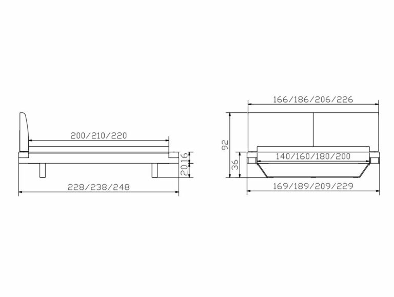 Technische Zeichnung des Hasena Bett "Eiche-Wild Aosta Slid" Bettrahmens mit Seiten- und Vorderansicht, mit Angabe von Länge, Breite und Höhe in Zentimetern; die Maße variieren je nach Bettgröße.