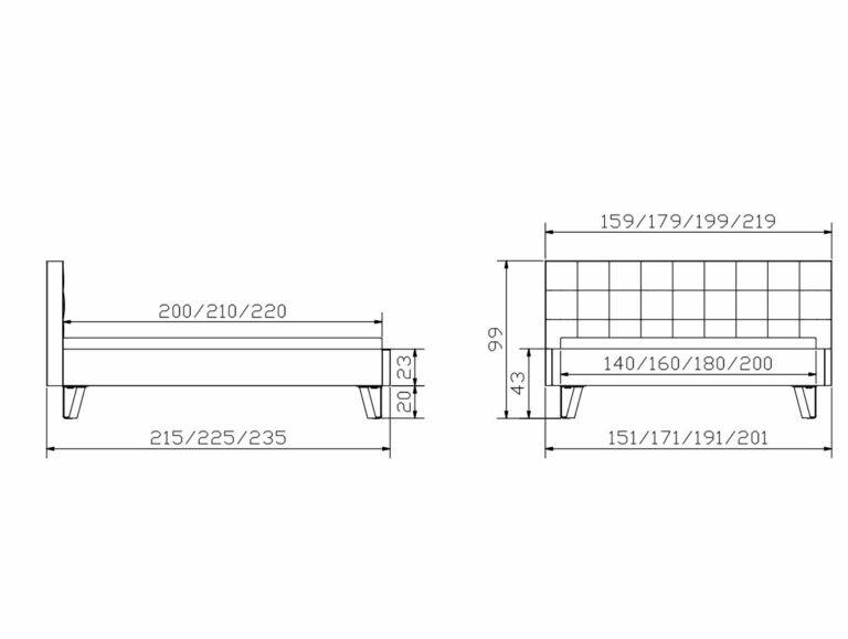 Eine technische Zeichnung des Hasena Bettes "Dream-Line Lungo 23 Jeno" zeigt Seiten- und Vorderansichten mit Abmessungen in Zentimetern, darunter Breiten (140-220 cm), Längen (215-235 cm), Höhen und Beinmaße.