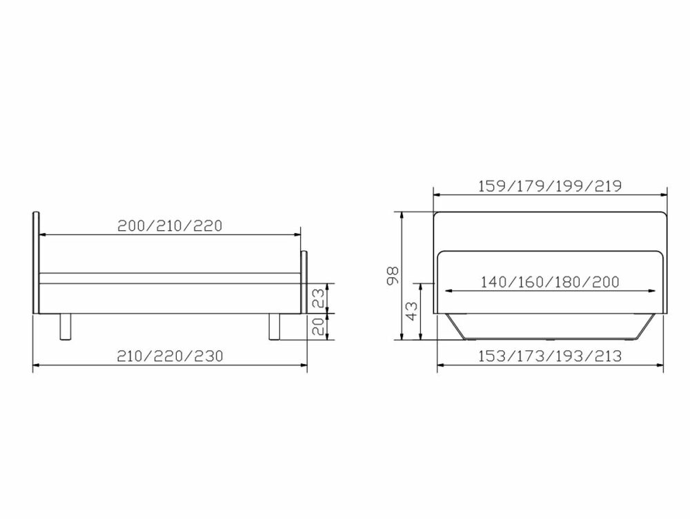 Technische Zeichnung des Hasena Bettes "Dream-Line Lungo 23 Slid" mit Front- und Seitenansicht; Maße (cm): Länge 200/210/220, Breite 140/160/180/200, Gesamthöhe 98, Beinhöhe 23.