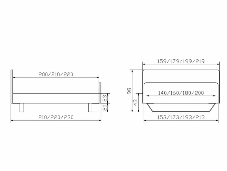 Technische Zeichnung des Hasena Bettes "Dream-Line Lungo 23 Slid" mit Front- und Seitenansicht; Maße (cm): Länge 200/210/220, Breite 140/160/180/200, Gesamthöhe 98, Beinhöhe 23.