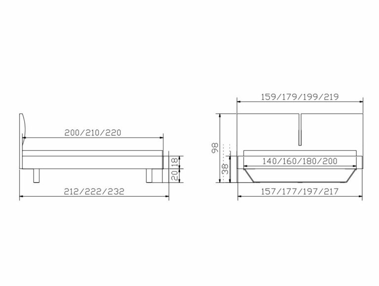 Die technische Zeichnung des Hasena Bettes "Dream-Line Sole 18 Slid" zeigt die Seiten- und Vorderansicht mit den Maßen: Länge 212/222/232 cm, Breite 157/177/197/217 cm und Matratzengröße 140-200×200/210/220 cm.