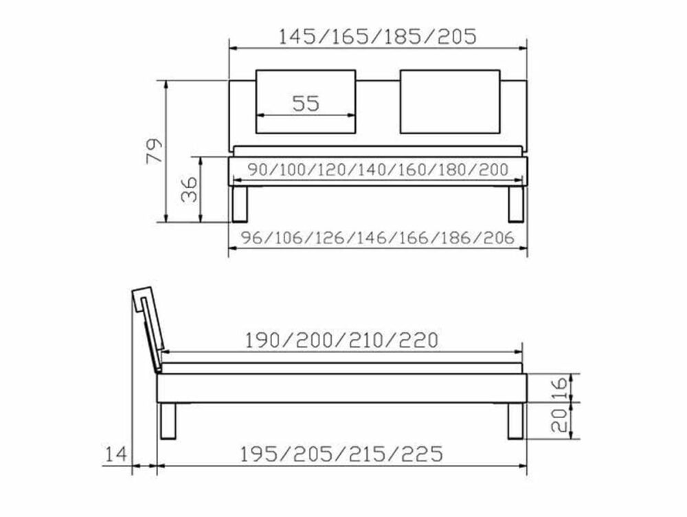 Technische Zeichnung des Hasena Bettes "Movie-Line Star Mico 2" mit Front- und Seitenansicht mit detaillierten Höhen-, Breiten- und Längenmaßen in Zentimetern sowie beschrifteten Maßen für mehrere Bettgrößen.