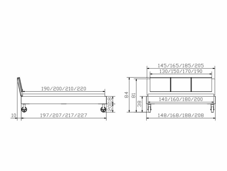 Technische Zeichnung des Hasena Bett "Top-Line Advance Road" Bettgestells auf Rädern, mit beschrifteter Vorder- und Seitenansicht in Zentimetern. Dargestellte Maße: Länge 190-220 cm, Breite 130-205 cm, zuzüglich detaillierter Höhenangaben.