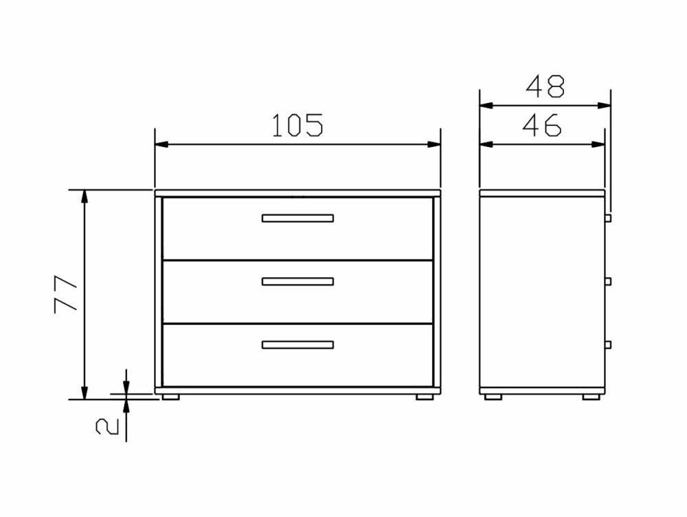 Technische Zeichnung der Hasena Kommode "Cessina" mit drei Schubladen, dargestellt in Vorder- und Seitenansicht. Abmessungen: Breite 105 cm, Höhe 77 cm, Tiefe 48 cm, Bodenfreiheit 2 cm. Zentrierte Griffe an jeder Schublade.