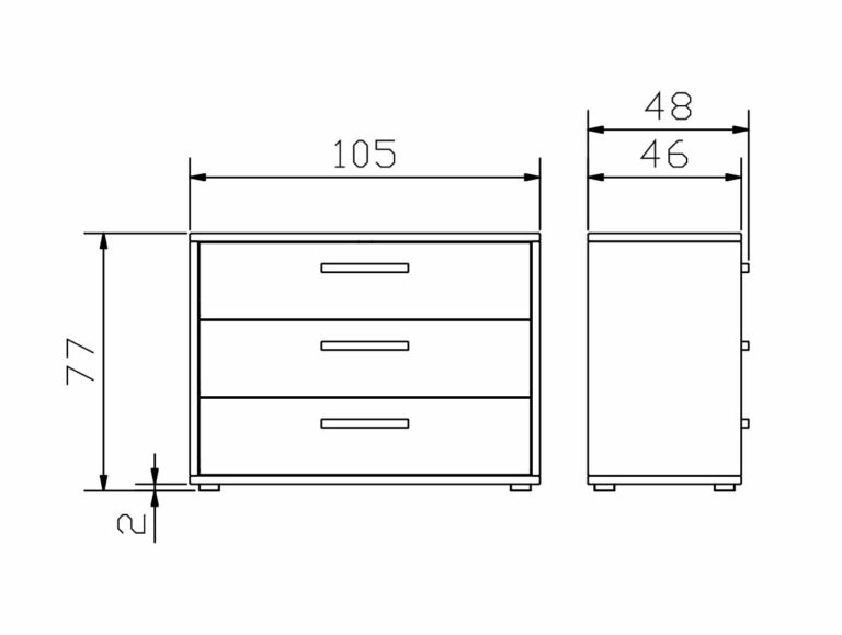 Technische Zeichnung der Hasena Kommode "Cessina" mit drei Schubladen, dargestellt in Vorder- und Seitenansicht. Abmessungen: Breite 105 cm, Höhe 77 cm, Tiefe 48 cm, Bodenfreiheit 2 cm. Zentrierte Griffe an jeder Schublade.