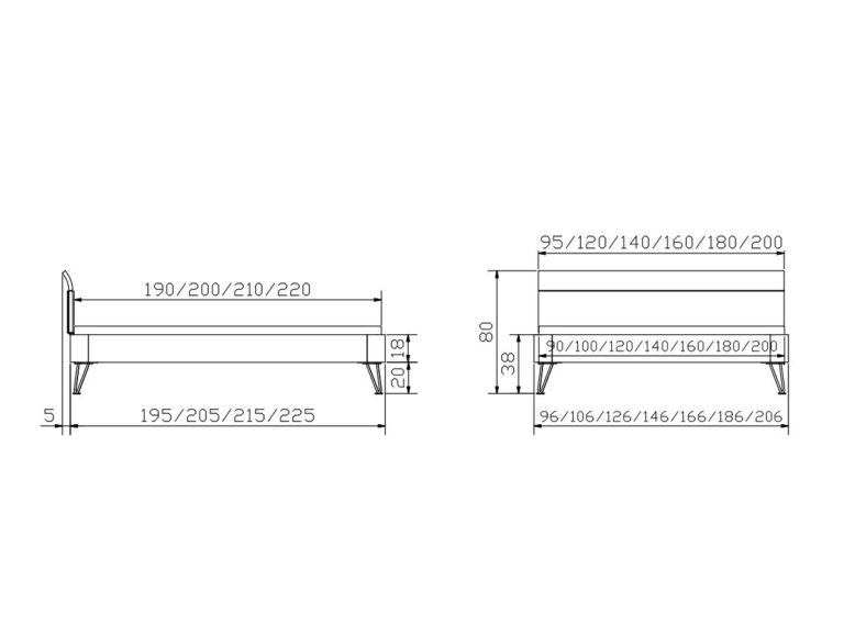 Technische Zeichnung eines Bettrahmens, dargestellt von der Seite und von vorne, mit den in Zentimetern angegebenen Maßen für Breite, Länge und Höhe, mit Angabe mehrerer verstellbarer Größenoptionen.