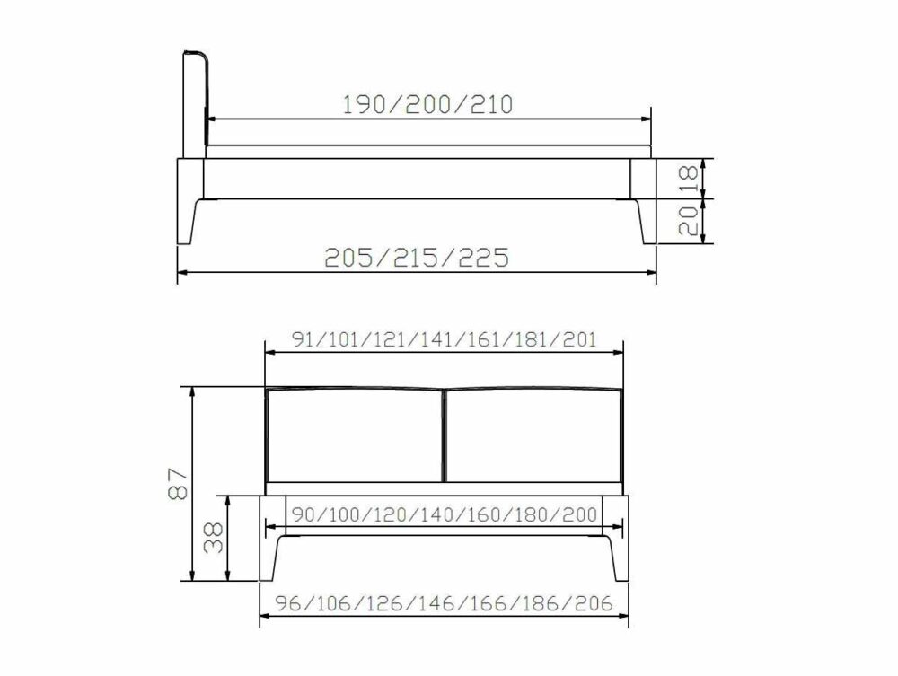 Technische Zeichnung des Hasena Bettes "Fine-Line Syma Xylo 3" mit Front- und Seitenansicht, mit Angabe von Höhe, Breite und Länge in Zentimetern. Verschiedene Zahlen zeigen mögliche Größenoptionen für jede Dimension.