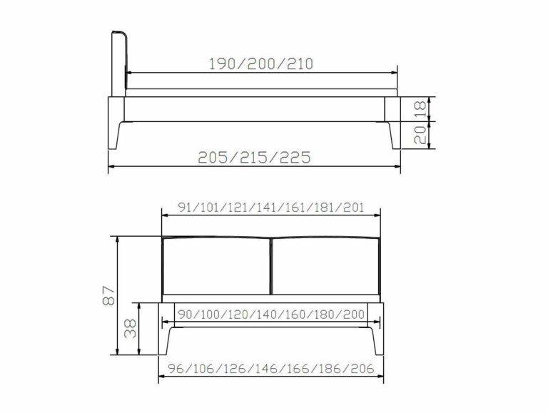 Technische Zeichnung des Hasena Bettes "Fine-Line Syma Xylo 3" mit Front- und Seitenansicht, mit Angabe von Höhe, Breite und Länge in Zentimetern. Verschiedene Zahlen zeigen mögliche Größenoptionen für jede Dimension.