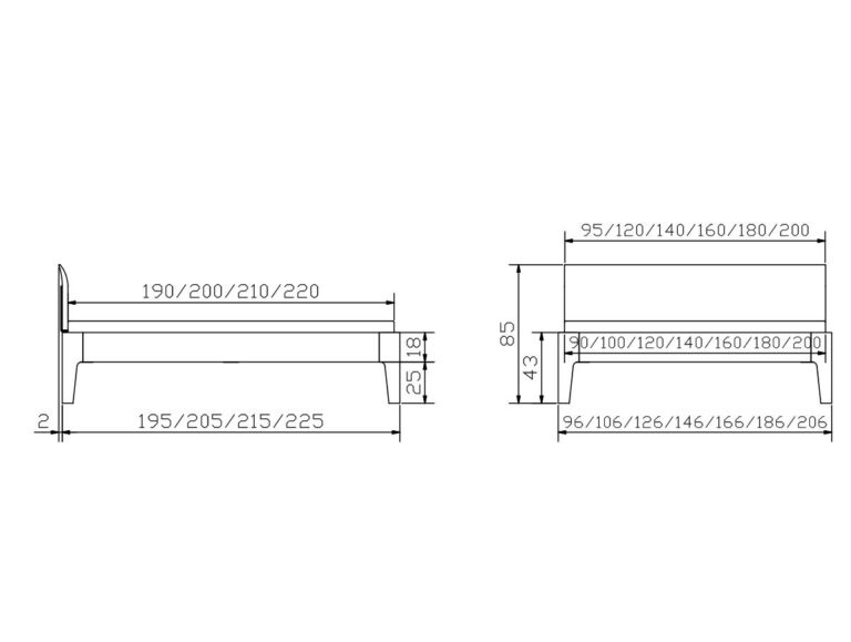 Technische Zeichnung eines Bettes mit Abmessungen in Zentimetern. Die Länge reicht von 195 bis 225 cm, die Breite von 95 bis 200 cm, die Höhe von 43 oder 85 cm. Die Maße des Kopfteils und des Seitenrahmens sind angegeben.