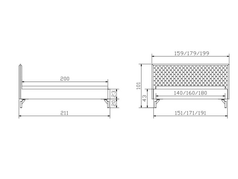 Technische Zeichnung eines Bettgestells mit Abmessungen. Die Seitenansicht zeigt eine Länge von 211 cm und eine Höhe von 103 cm. Die Vorderansicht zeigt die Breitenoptionen 159/179/199 cm und andere detaillierte Maße.