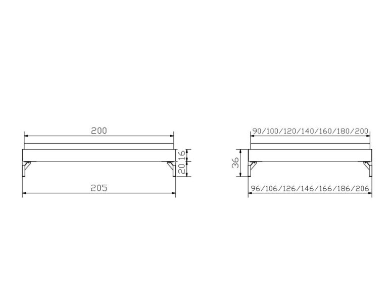 Technische Zeichnung einer Bank oder eines Podests mit beschrifteten Abmessungen: Breite von 90 bis 200 cm, Tiefe 36 cm, Höhe 20 oder 16 cm und Gesamtlänge 205 cm. Die Linien zeigen die Messpunkte an.