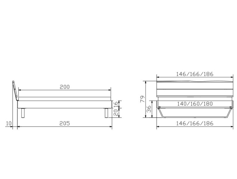 Technische Zeichnung eines Bettes mit den Maßen: Länge 205 cm, Breite 146/166/186 cm, Höhe 79 cm und Betttiefe 20/16 cm. Die Maße sind in der Seiten- und Vorderansicht beschriftet.