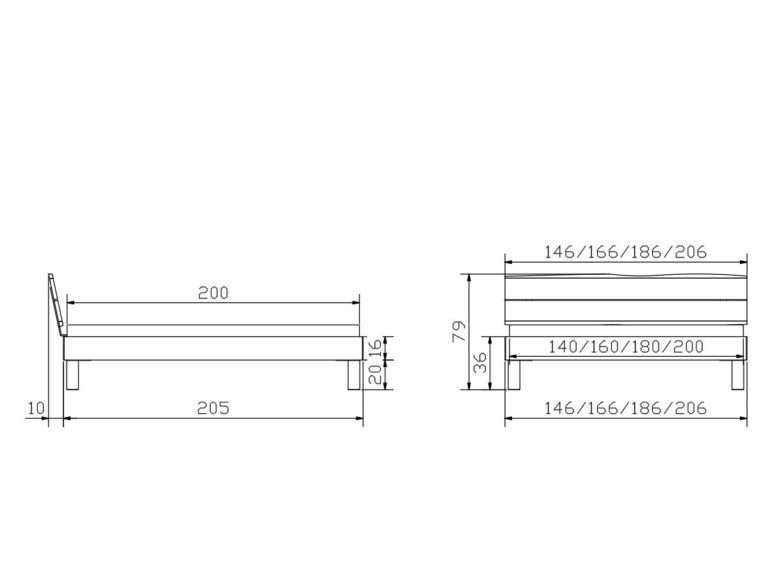 Technische Zeichnung eines Bettgestells mit Abmessungen. Länge: 205 cm, Breite wahlweise: 146, 166, 186, oder 206 cm. Kopfteilhöhe: 79 cm, Rahmenhöhe: 36 cm, Matratzenlänge: 200 cm, Matratzenbreite: 140, 160, 180 oder 200 cm.