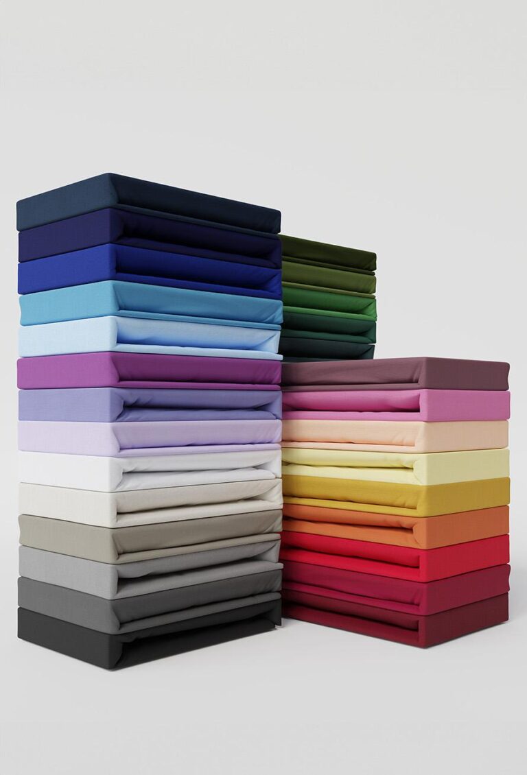 Stapel gefalteter Lotus Fixleintuch Frottée Bettlaken in unifarbenen Tönen - Blau, Grün, Violett, Rot, Gelb und Neutral - sind in vier hohen Säulen vor einem schlichten weißen Hintergrund angeordnet und zeigen Schattierungen von dunkel bis hell.