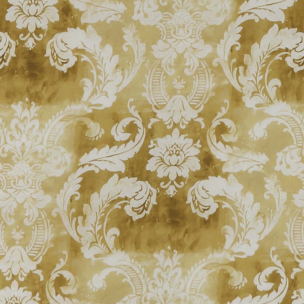 Die Bettwäsche Tamara-R Emotion Antico gold zeichnet sich durch ein weißes Blumen- und Blattdamastmuster auf einem strukturierten goldgelben Hintergrund aus, das einen eleganten Vintage-Look erzeugt.