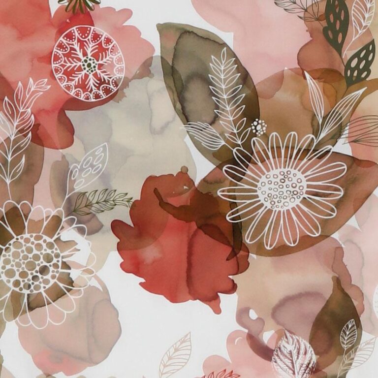 Bettwäsche Tamara-R Emotion Lara rot zeigt abstrakte Aquarellformen in Rot, Braun und Rosa mit zarten weißen Blumen- und Blattzeichnungen, die einen weichen, organischen botanischen Look erzeugen.