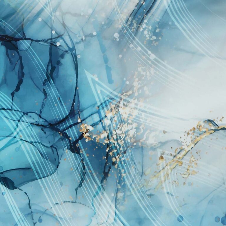 Mit fließenden dunkel- und hellblauen Tönen, goldenen Sprenkeln und weißen geschwungenen Linien spiegelt dieser abstrakte Aquarellhintergrund die dynamische Eleganz von Bettwäsche Tamara-R Selection Gloria blau wider und vermittelt ein Gefühl von Fließen und Bewegung.