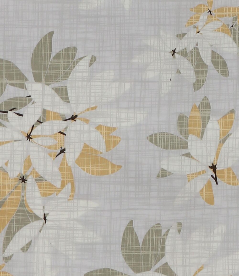 Bettwäsche Diana besteht aus einem gemusterten Stoff mit sich überlagernden weißen, beigen und olivgrünen Blumen mit braunen Zentren auf einem hellgrauen Hintergrund mit einer dezenten Gitterstruktur.