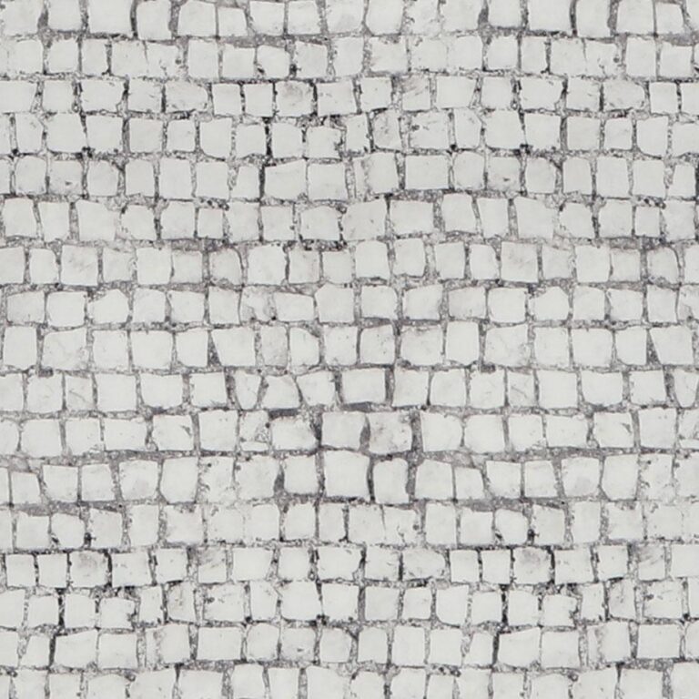 Eine Nahaufnahme des weißen Steinmosaiks mit kleinen, unregelmäßigen quadratischen Fliesen und dunkler Fuge bildet ein strukturiertes, gitterartiges Muster, das dem Design der Bettwäsche Tamara-R BeCosy Hunter light ähnelt.