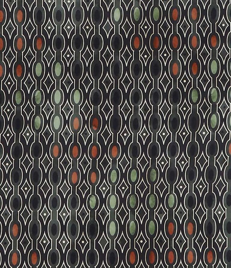 Ein sich wiederholendes geometrisches Muster auf schwarzem Hintergrund mit vertikalen Reihen grüner und orangefarbener Ovale, die weiß umrandet sind, und dazwischen eingestreuten weißen Rauten - charakteristisch für das Bettwäsche Mario-Design.