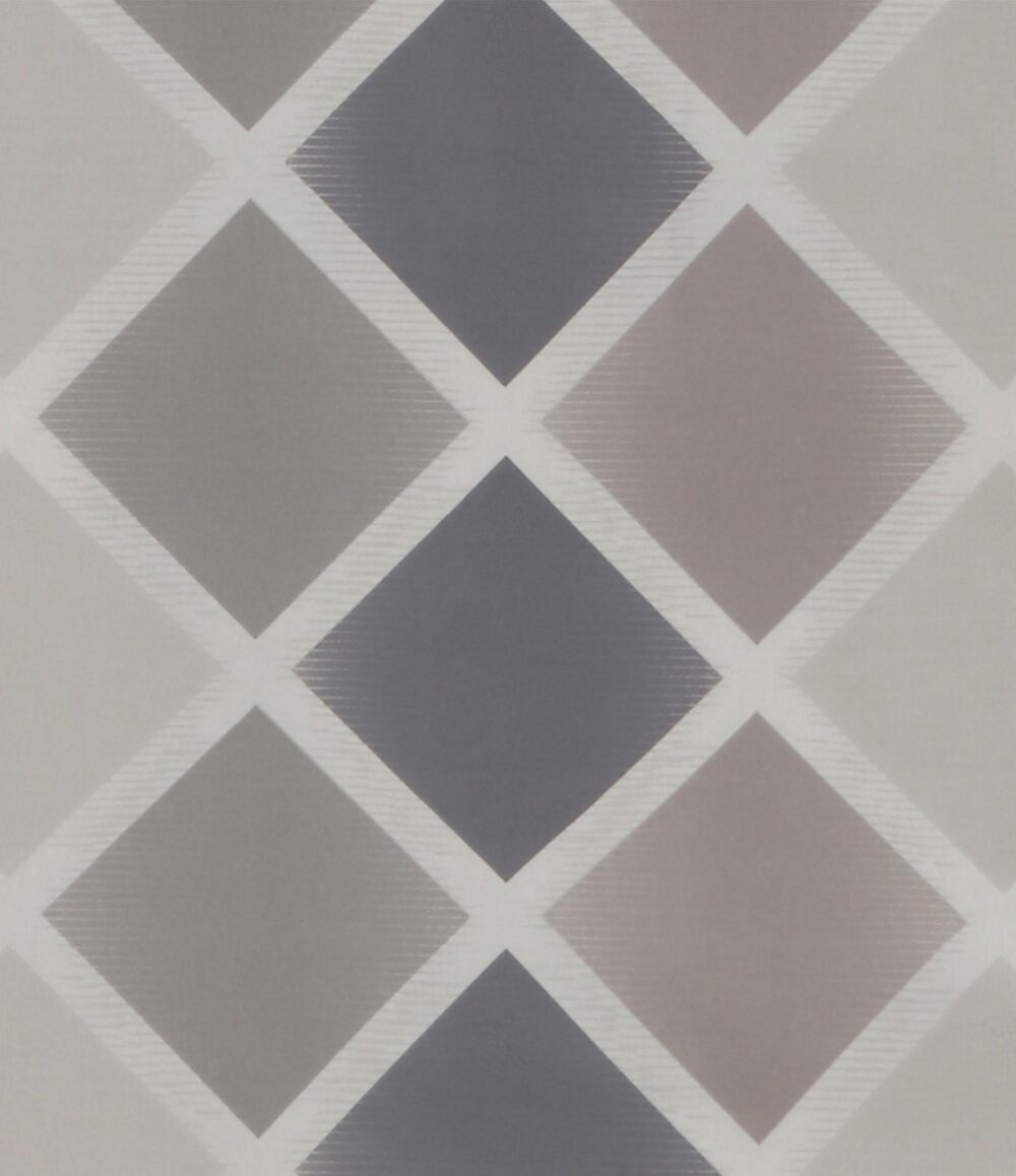 Die Bettwäsche-Kollektion Monza zeichnet sich durch ein auffälliges diagonales Raster aus großen Rauten in gedämpften Grau-, Marineblau- und Mauvetönen aus, die durch weiße Linien voneinander getrennt sind - ideal für ein modernes Schlafzimmer.