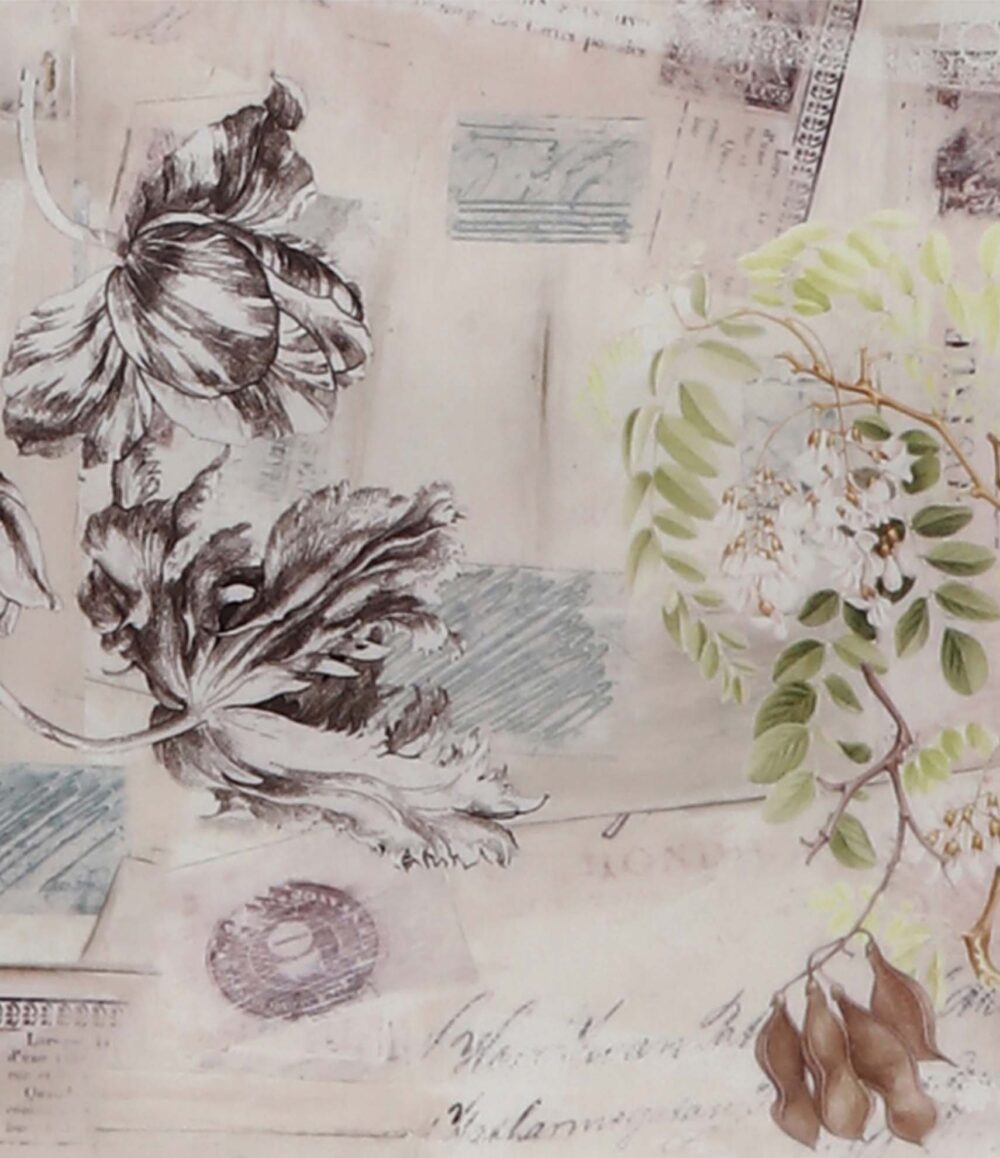 Der Hintergrund im Vintage-Stil zeigt sepiafarbene botanische Blumen und Blätter mit verblassten handgeschriebenen Buchstaben, Briefmarken und Poststempeln für einen weichen, nostalgischen Effekt - elegant inspiriert von Bettwäsche Tamara-R Selection Tiziana.
