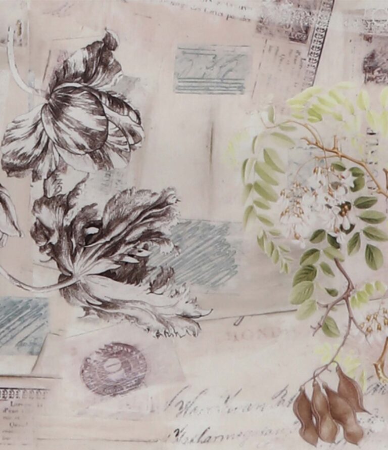 Der Hintergrund im Vintage-Stil zeigt sepiafarbene botanische Blumen und Blätter mit verblassten handgeschriebenen Buchstaben, Briefmarken und Poststempeln für einen weichen, nostalgischen Effekt - elegant inspiriert von Bettwäsche Tamara-R Selection Tiziana.