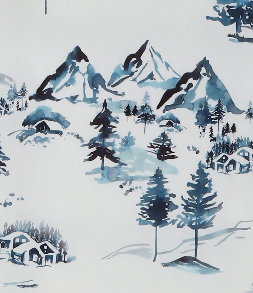 Das Aquarelldesign mit verschneiten Bergen, Tannenbäumen und Hütten in Blau und Schwarz macht Bettwäsche Winterblues perfekt, um Ihrem Schlafzimmer einen gemütlichen, winterlichen Charme zu verleihen.