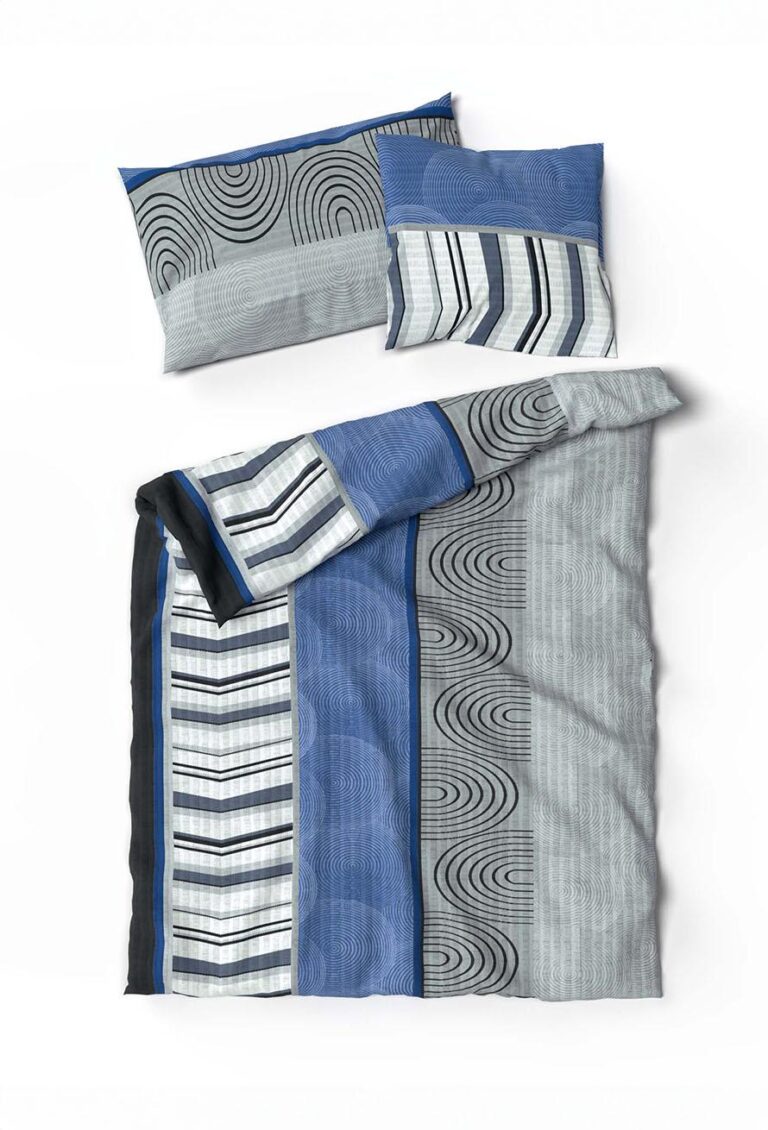 Die Bettwäsche Lotus Rainald besteht aus einem Bettbezug und einem Kissenbezug mit geometrischen Mustern - Streifen, Kreise und Quadrate - in Blau, Grau, Schwarz und Weiß auf weißem Hintergrund für einen modernen Schlafzimmerstil.