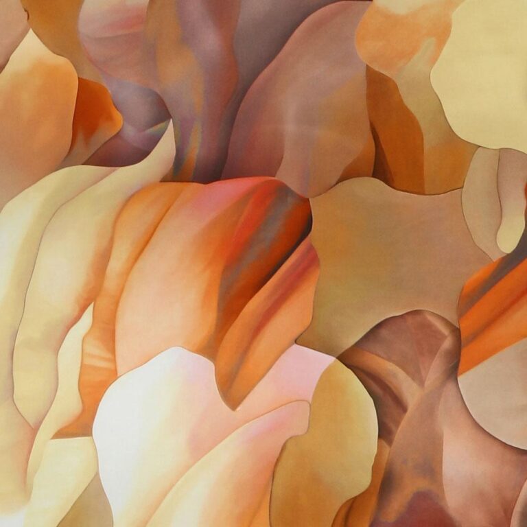 Abstraktes Bild mit fließenden, sich überlagernden Formen in warmen Orange-, Pfirsich-, Hellbraun- und Brauntönen, das an die Bettwäsche Tamara-R Selection Ashley erinnert und an sanft ineinander übergehende Blütenblätter oder organische Formen mit sanften Kurven erinnert.