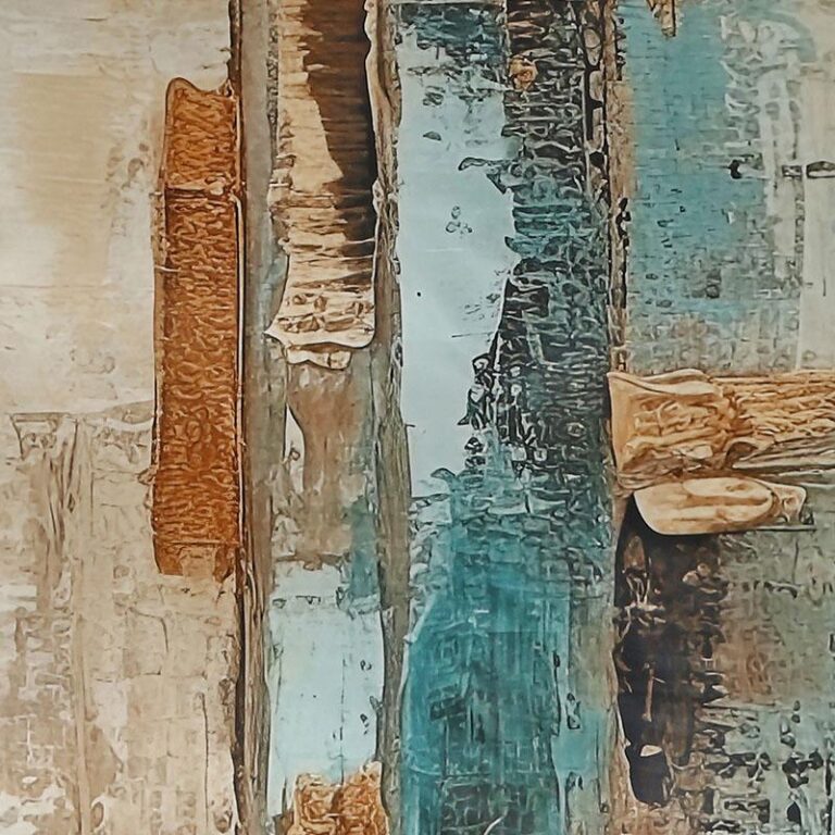 Abstraktes Gemälde mit vertikalen Streifen in Beige, Braun, Blau und Teal, inspiriert von der strukturierten Eleganz der Bettwäsche Tamara-R Selection Toscana, mit geschichteten Farben und einer rauen, dynamischen Oberfläche.