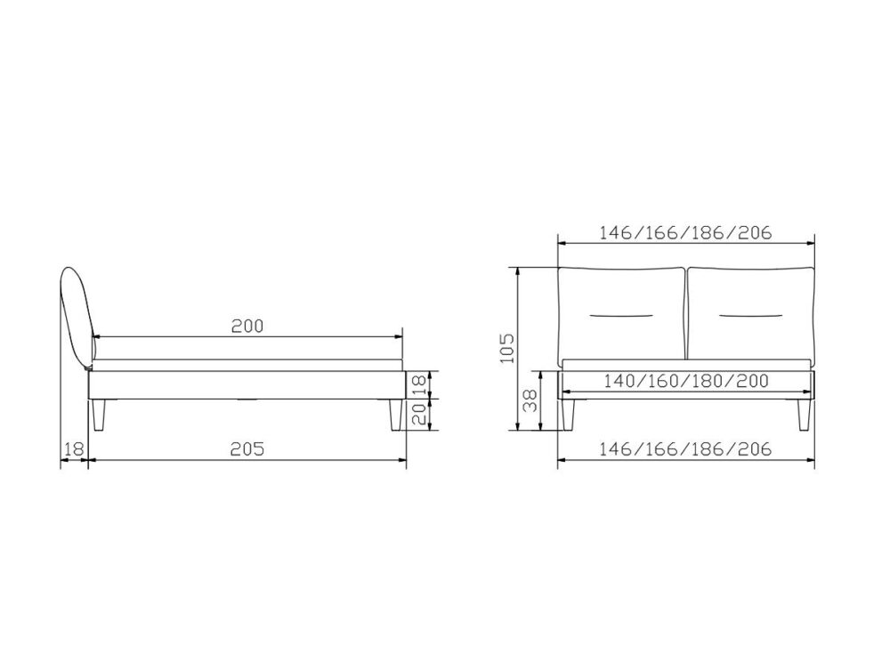Technische Zeichnung eines Sofas mit Maßen. Die Seitenansicht zeigt die Länge 205 cm, die Höhe 105 cm und die Sitzhöhe 38 cm. Die Vorderansicht zeigt die Breitenoptionen 146/166/186/206 cm und die Sitzbreitenoptionen 140/160/180/200 cm.