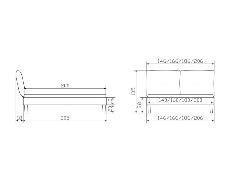 Technische Zeichnung eines Sofas mit Maßen. Die Seitenansicht zeigt die Länge 205 cm, die Höhe 105 cm und die Sitzhöhe 38 cm. Die Vorderansicht zeigt die Breitenoptionen 146/166/186/206 cm und die Sitzbreitenoptionen 140/160/180/200 cm.