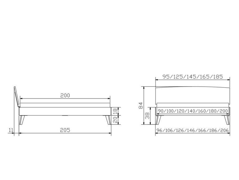 Technische Zeichnung eines Bettgestells mit Abmessungen in Zentimetern. Es werden Seiten- und Vorderansichten gezeigt, wobei die Maße für Höhe, Breite und Länge beschriftet sind, einschließlich der Optionen für verstellbare Breite.