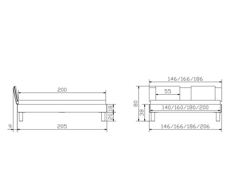 Technische Zeichnung eines Bettes mit Seiten- und Vorderansicht. Die Abmessungen sind in Zentimetern angegeben: Länge 205, Höhe 109, Matratzenhöhe 38, Kopfteilhöhe 80, Breitenoptionen 146/166/186/206 und Matratzenbreiten 140/160/180/200.