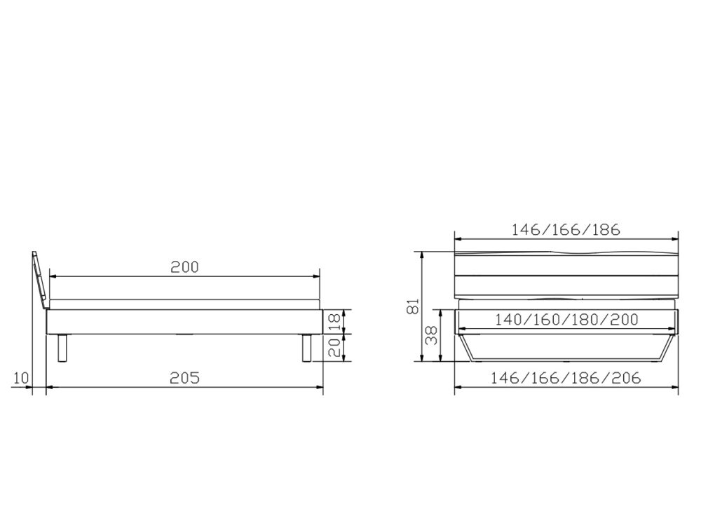 Technische Zeichnung eines Bettes mit Seiten- und Vorderansicht. Die Maße sind in Zentimetern angegeben: Länge 205 cm, Betthöhe 38-81 cm, Breite wahlweise 146/166/186/206 cm und Matratzenbreite wahlweise 140/160/180/200 cm.