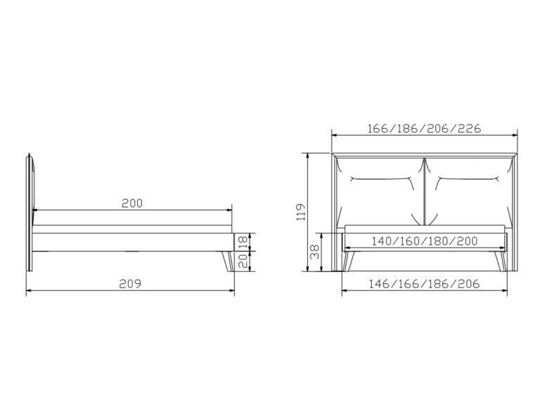 Technische Zeichnung eines Bettes mit Seiten- und Vorderansicht, mit den Abmessungen in Zentimetern: Länge 209, Breitenoptionen 166/186/206/226, Höhe 119, Kopfteilstärke 20 und Bettkastenbreite 140/160/180/200.