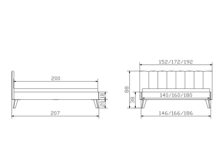 Technische Zeichnung eines Bettes mit Vorder- und Seitenansicht, mit Angabe der Maße in Zentimetern: Länge 207, Breitenoptionen 146/166/186, Höhe 98, Sitzhöhe 38 und Matratzengrößen 140/160/180 mal 200.