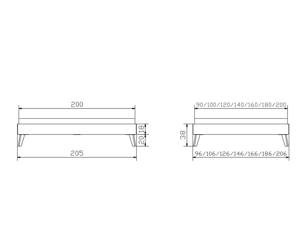 Technische Zeichnung einer rechteckigen Bank mit Seiten- und Vorderansicht, mit den Maßen für Breite (200-205 cm), Höhe (38 cm) und Tiefe (90-206 cm) sowie Beinhöhe (20,18 cm).