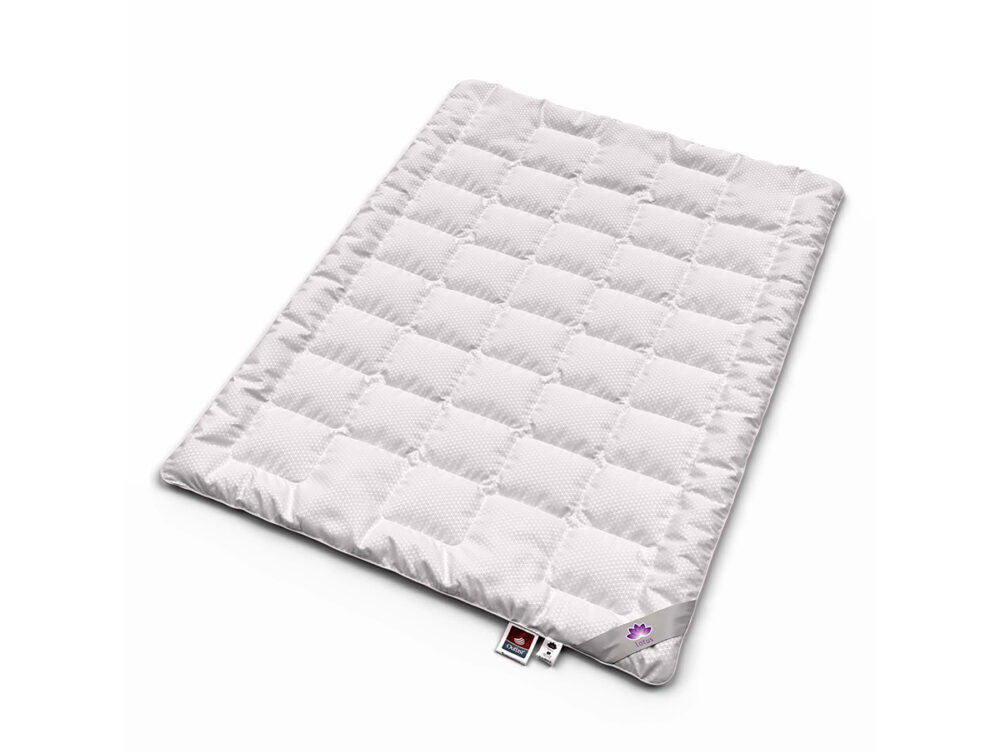 Eine weiße, rechteckige, gesteppte Matratzenauflage mit einem Gittermuster auf einem schlichten weißen Hintergrund. An einer Ecke der Matratzenauflage sind zwei Stoffanhänger zu sehen.