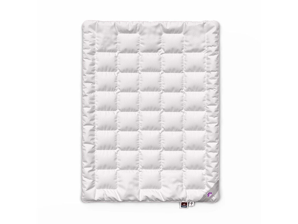 Eine rechteckige, weiße, gesteppte Matratzenauflage mit einem Gittermuster, von oben gesehen, mit zwei Anhängern am unteren Rand auf einem einfarbig weißen Hintergrund.