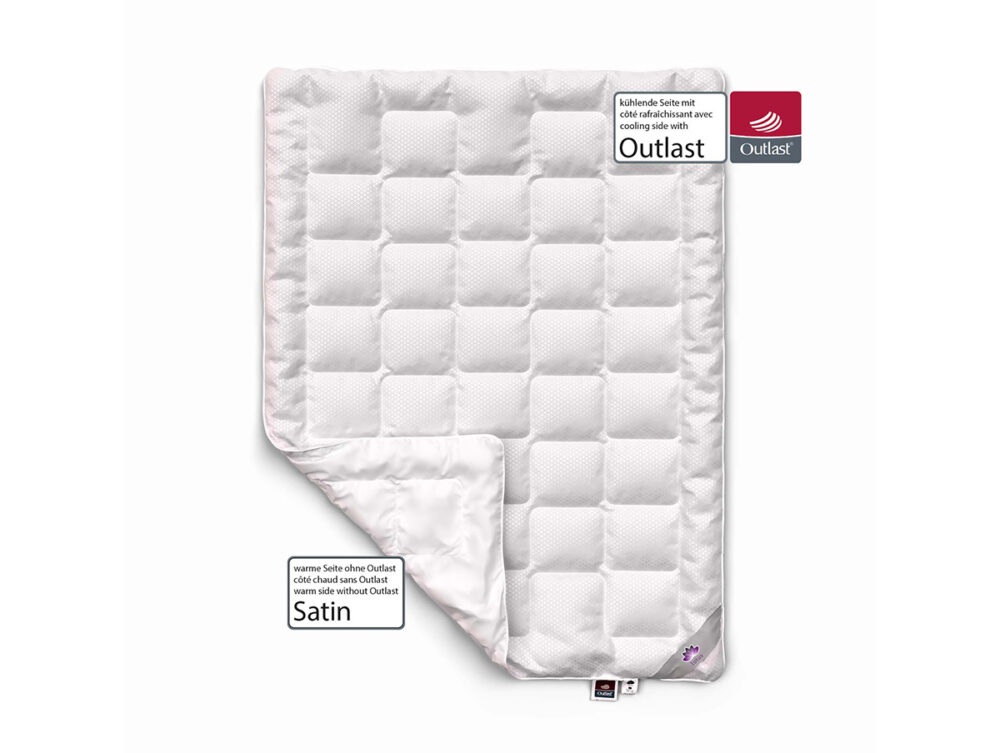 Eine weiße, gesteppte Satindecke mit einer umgeschlagenen Ecke, die mit Etiketten versehen ist, die die Kühltechnologie und das Satinmaterial hervorheben. Die Logos von Outlast und Satin sind in der oberen rechten und unteren linken Ecke zu sehen.